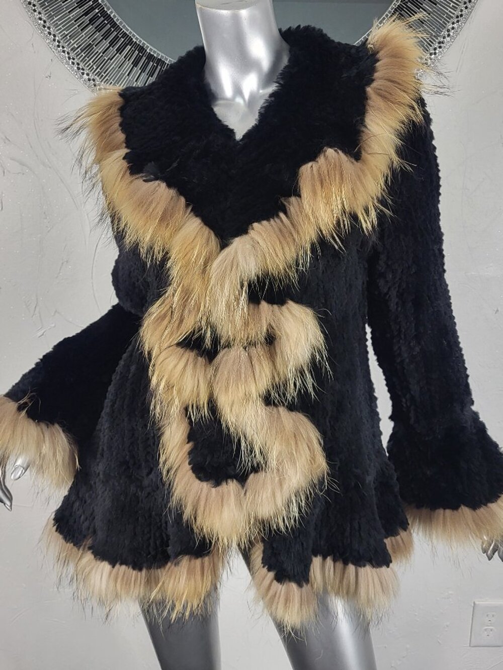 CHAARM~M/L~BLACK GENUINE REX RABBIT FUR BROWN REAL FOX FUR RACCOON COAT JACKET